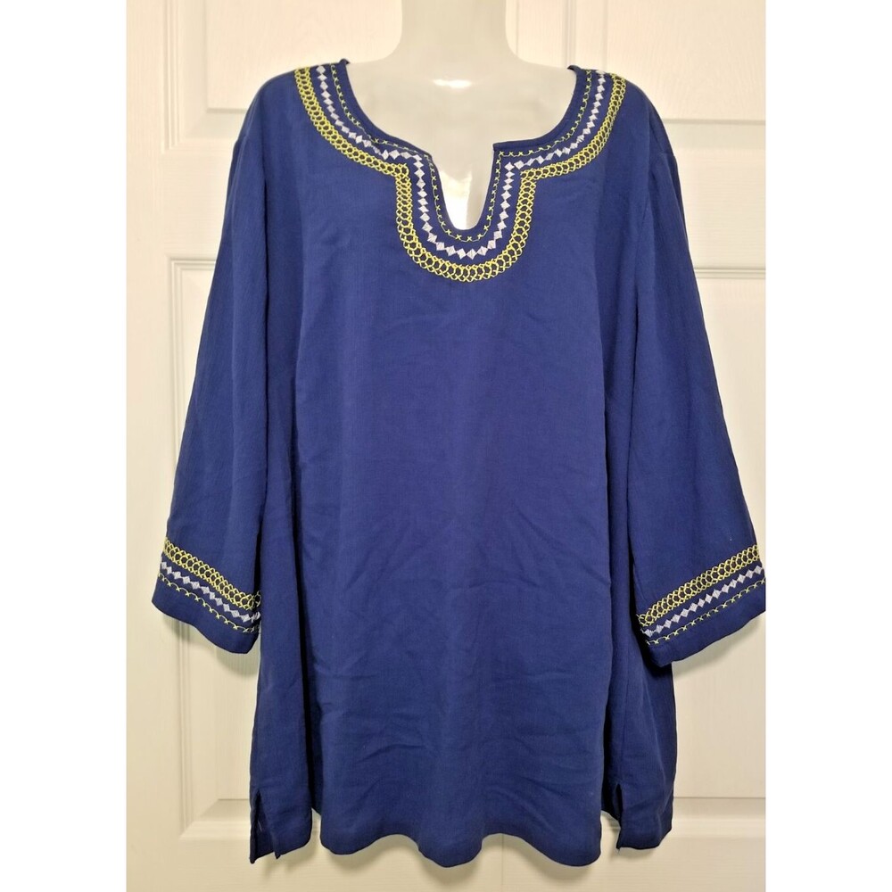 Denim & Co Women's Top Tunic Embroidered Design V-Neck 3/4 Sleeve Size 2X